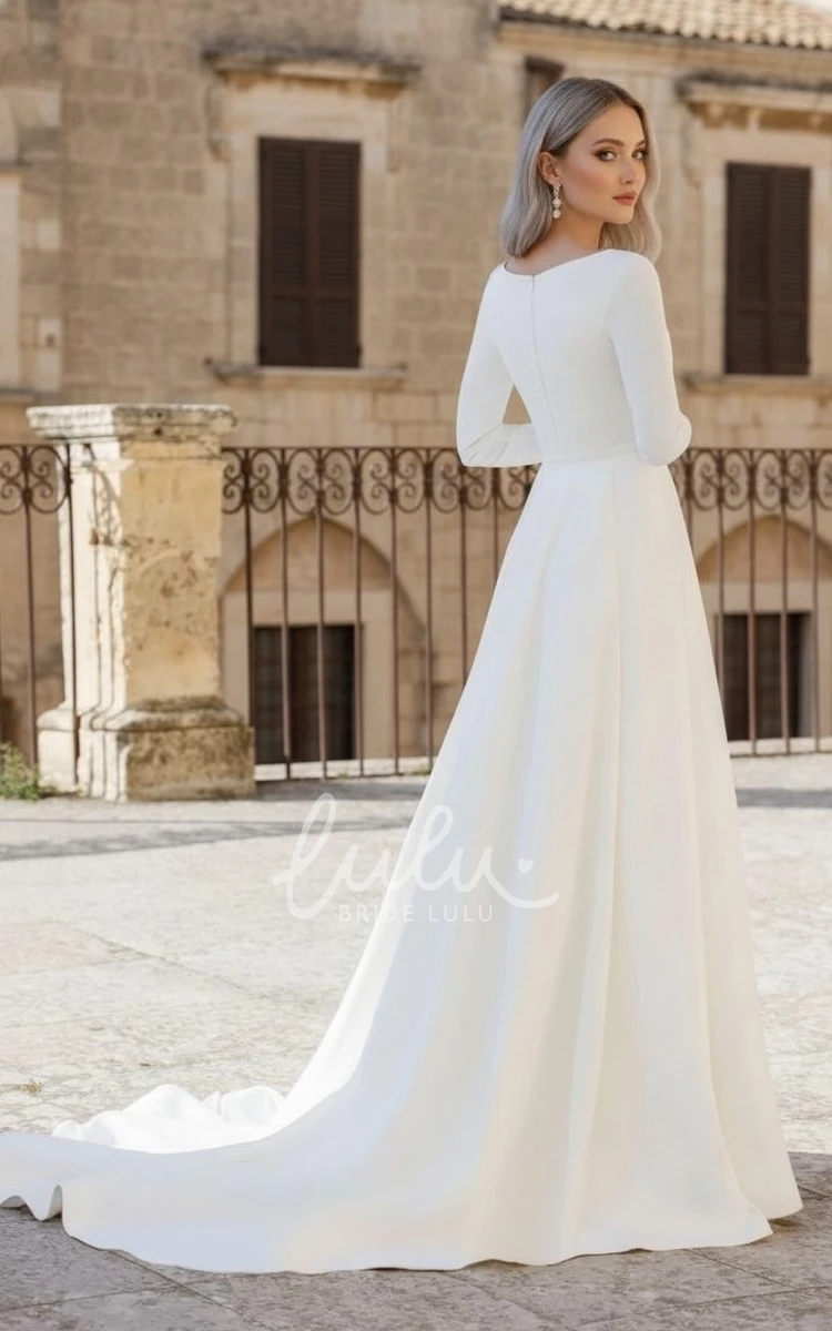 Elegant Minimalist Long Sleeve Satin Wedding Dress with Boat Neck Classic A-Line Bridal Gown for Modern Brides