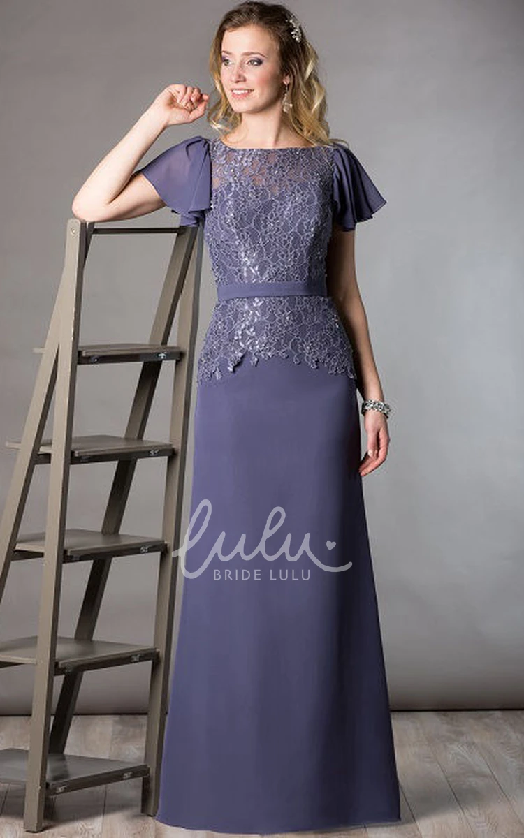 A-Line Long Mother Of The Bride Dress Lace Top Ruffled Short Sleeve with Crystal Details