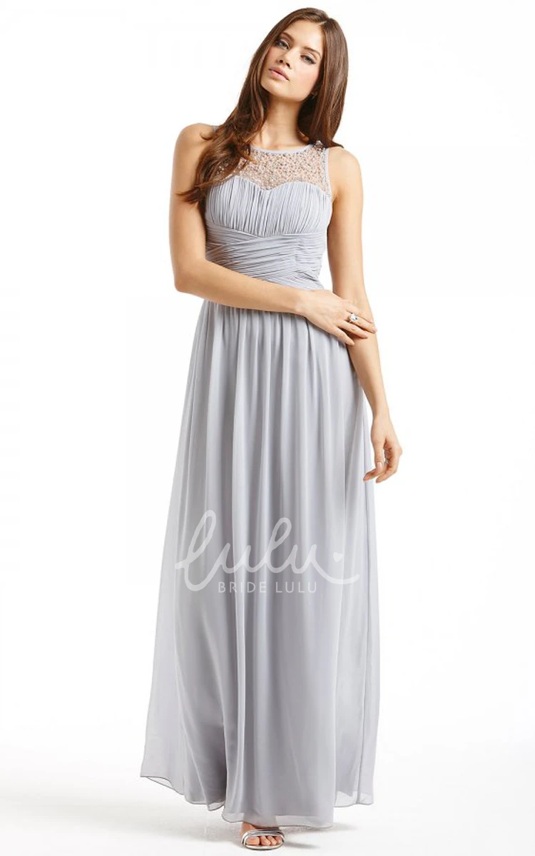 Sleeveless Ruched Chiffon Bridesmaid Dress with Bateau Neck Ankle-Length