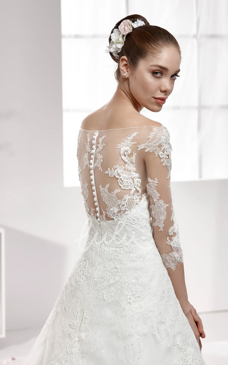 Lace Off-Shoulder A-Line Wedding Dress with Half Sleeves and Illusive Style
