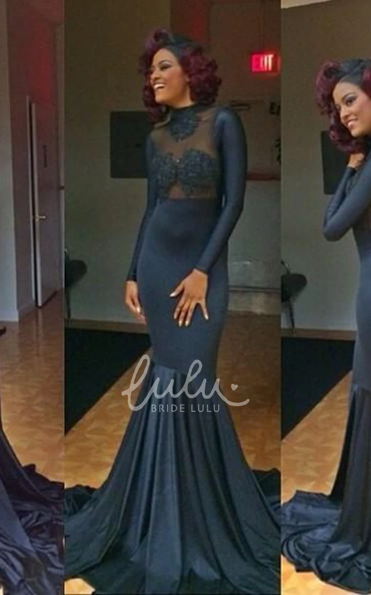 High Neck Mermaid Prom Dress with Appliques and Long Sleeves