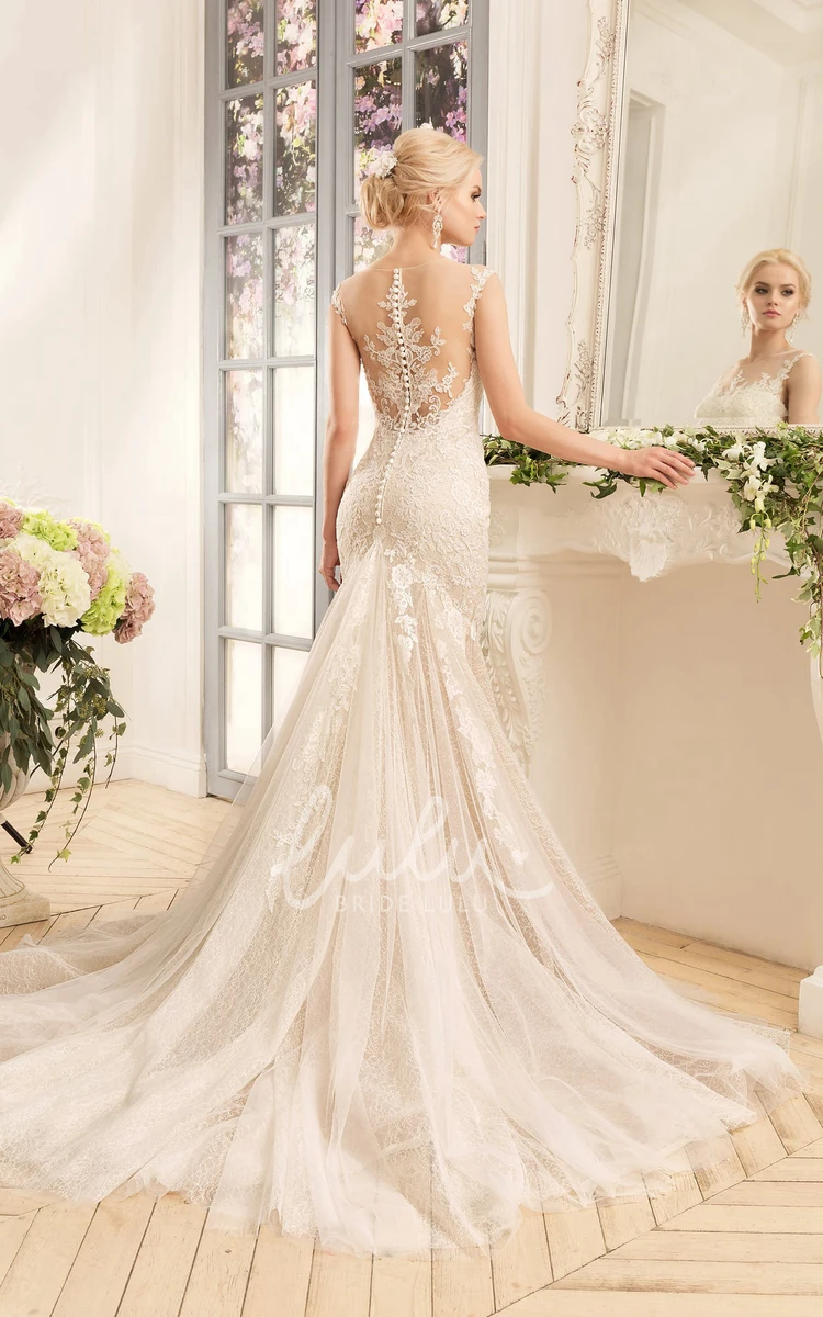 Illusion Lace Tulle Sheath Dress with Cap Sleeves Wedding Dress