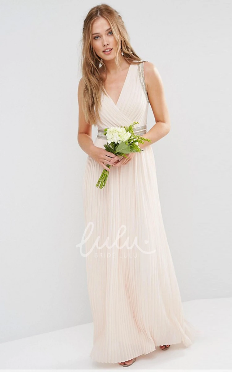 Beaded V-Neck Chiffon Bridesmaid Dress with Ruching and Bow Floor-Length