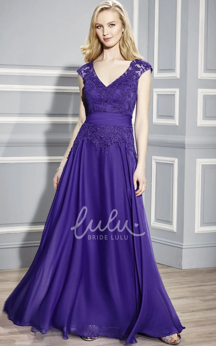 Chiffon A-Line Formal Dress with Cap Sleeves and V-Neck Appliques