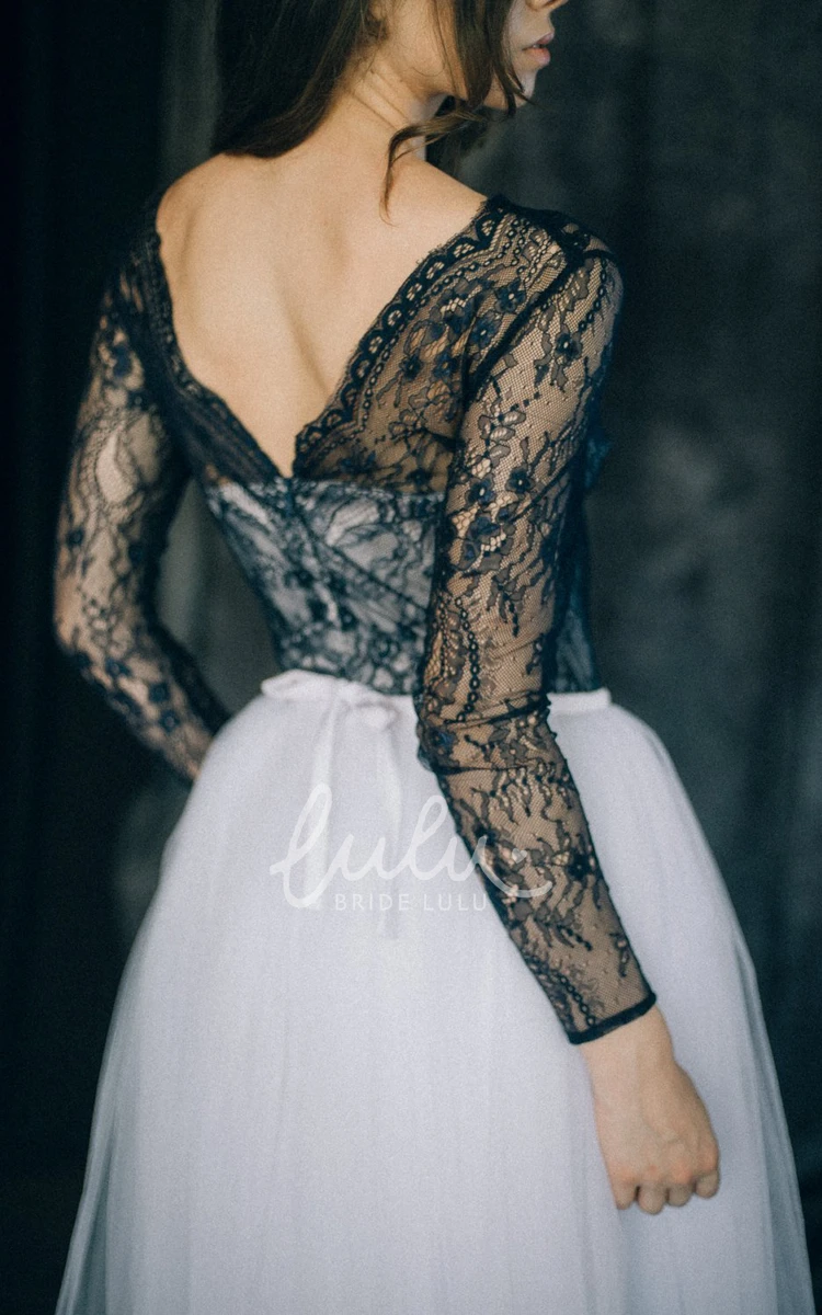 Long Sleeve Black Lace Sheath Wedding Dress V-neck Illusion Back Low-V Floor-length