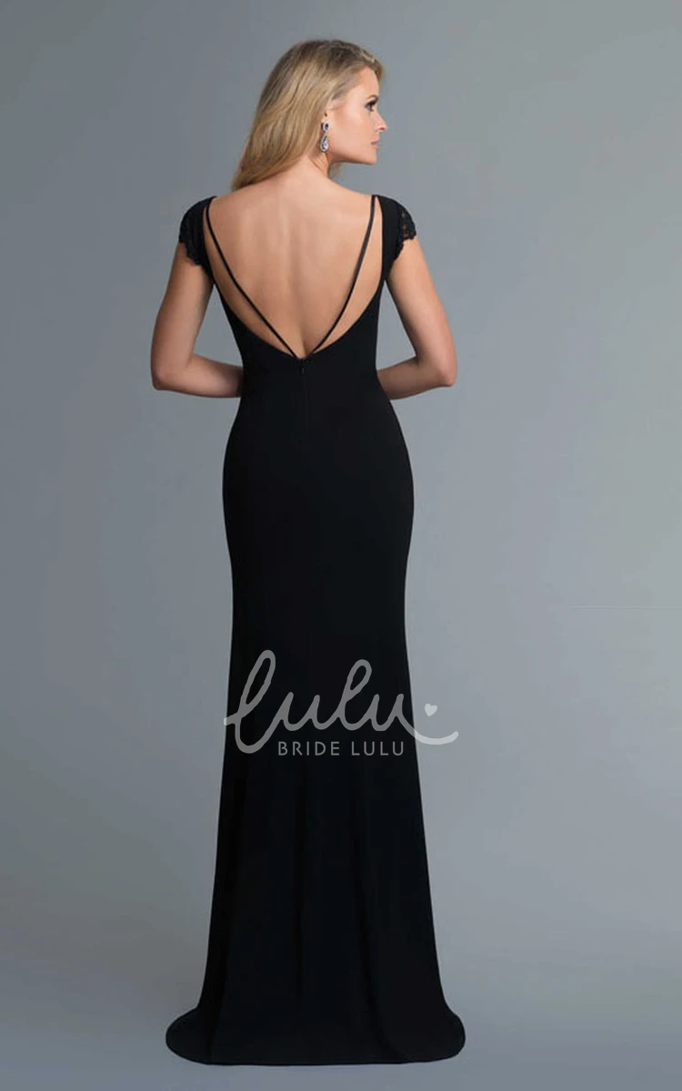 Modern Cap-Sleeve Jersey Formal Dress with Deep-V Back and Lace