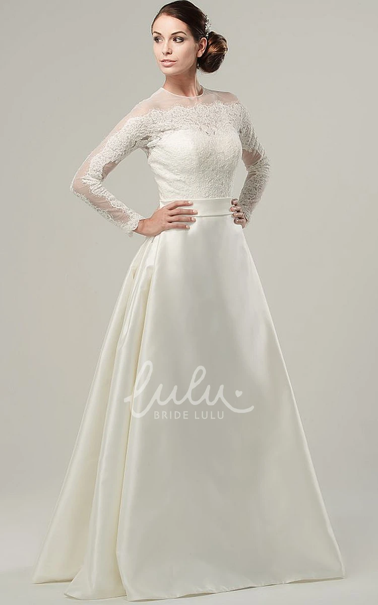 Illusion High Neck A-Line Satin Wedding Dress with Long Sleeves