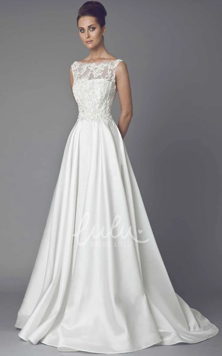 Satin Appliqued Long Bateau Wedding Dress with Illusion and Sweep Train Sophisticated Bridal Gown