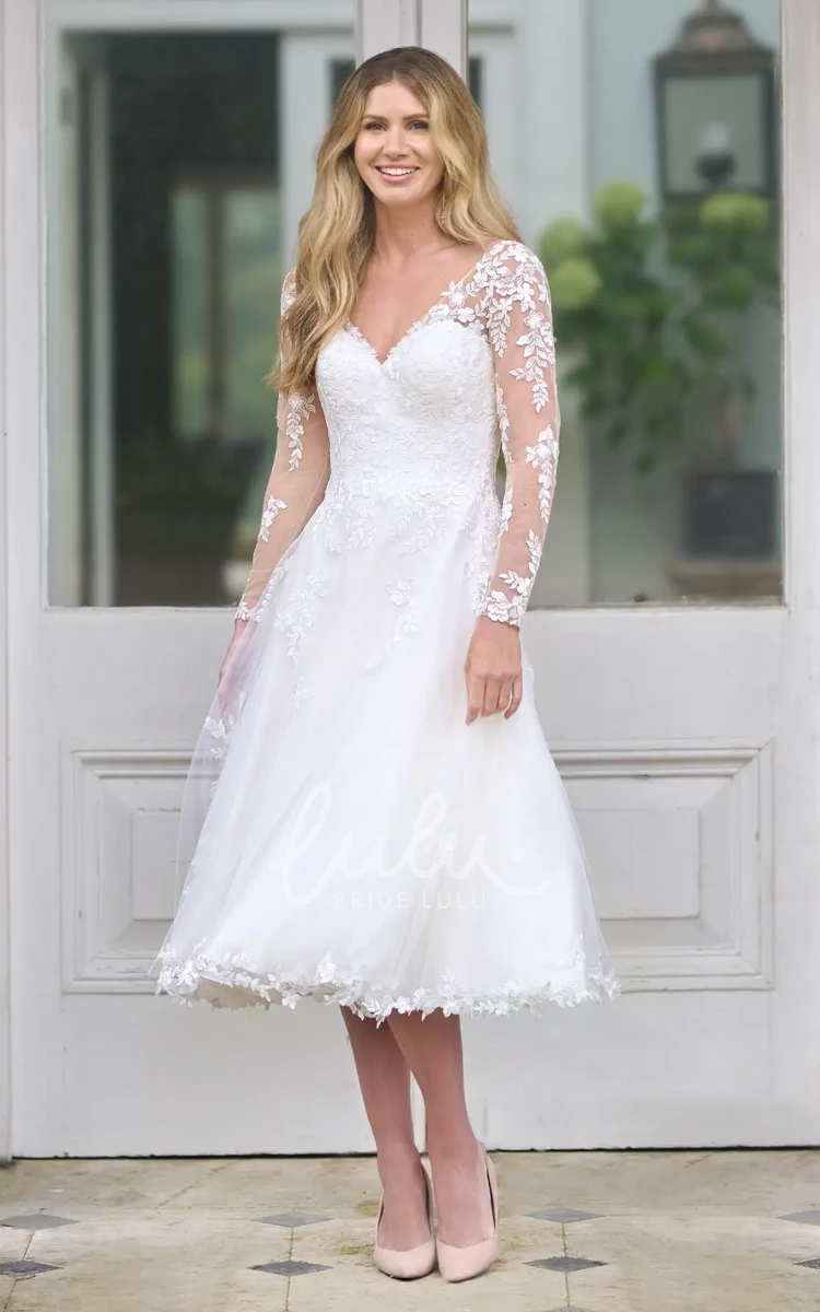 V Neck Romantic Tea Length Wedding Dress Modern Illusion Long Sleeves Lace Sweetheart Gown