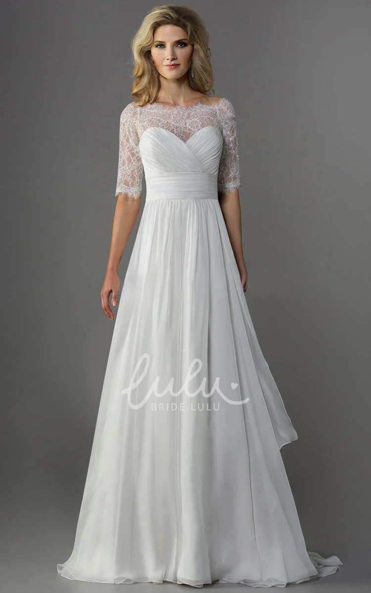 A-Line Chiffon Wedding Dress with Illusion Lace Half-Sleeved & Elegant