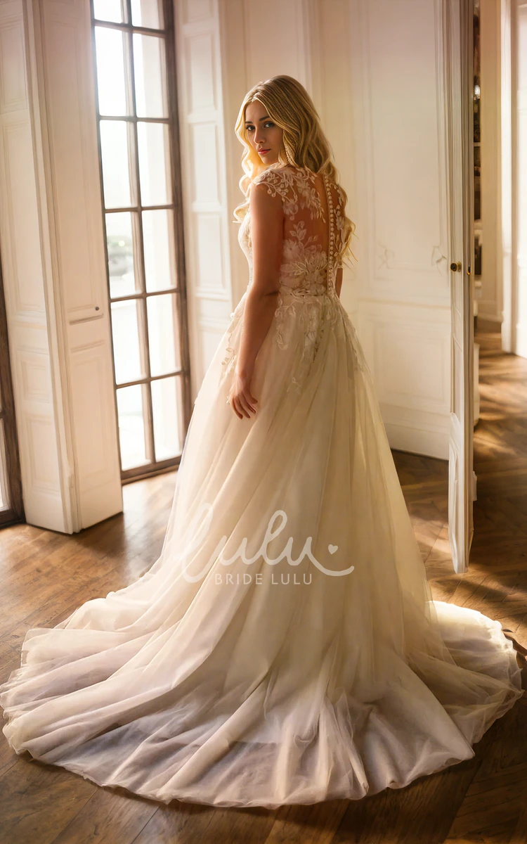 Plus Size Adorable Tulle A-Line Lace Applique Sweep Train Wedding Dress