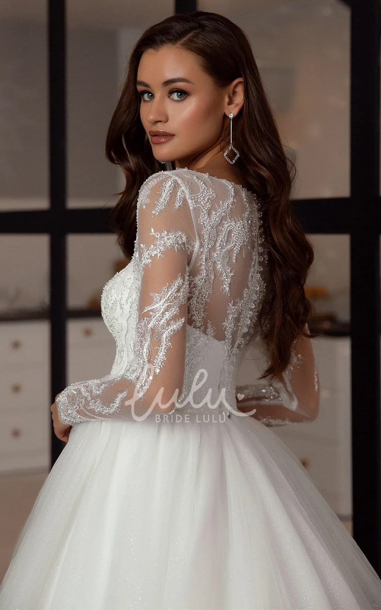 Modest A Line Tulle Wedding Dress with Long Sleeves and Beading Modern Wedding Dress