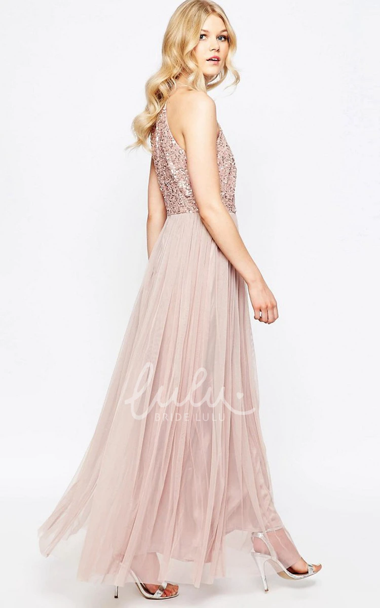 Sequined Tulle High Neck Bridesmaid Dress Sleeveless Floor-Length Sheath