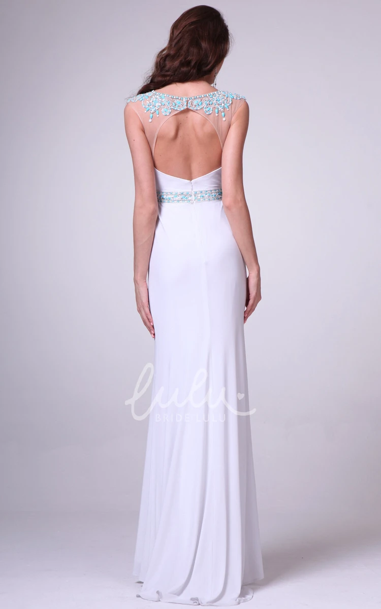 Beaded Sheath Jersey Cap-Sleeve Formal Dress with Keyhole Neckline