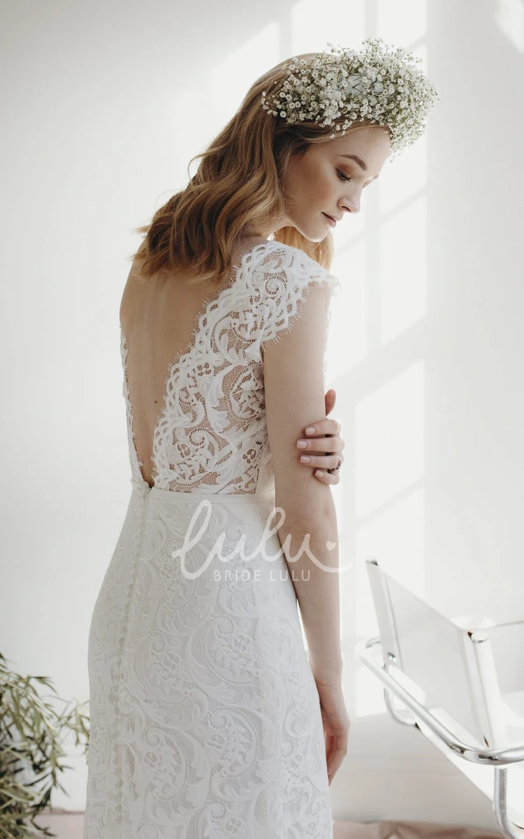 Lace Sheath Deep V-neck Wedding Dress with Cap Sleeves and Court Train