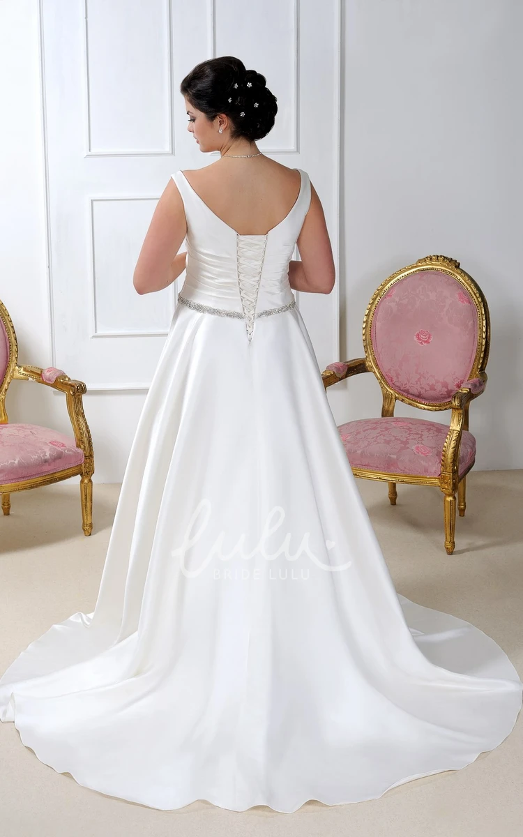 Strapless Satin Wedding Dress With Ruched Bodice and Jeweled Waist