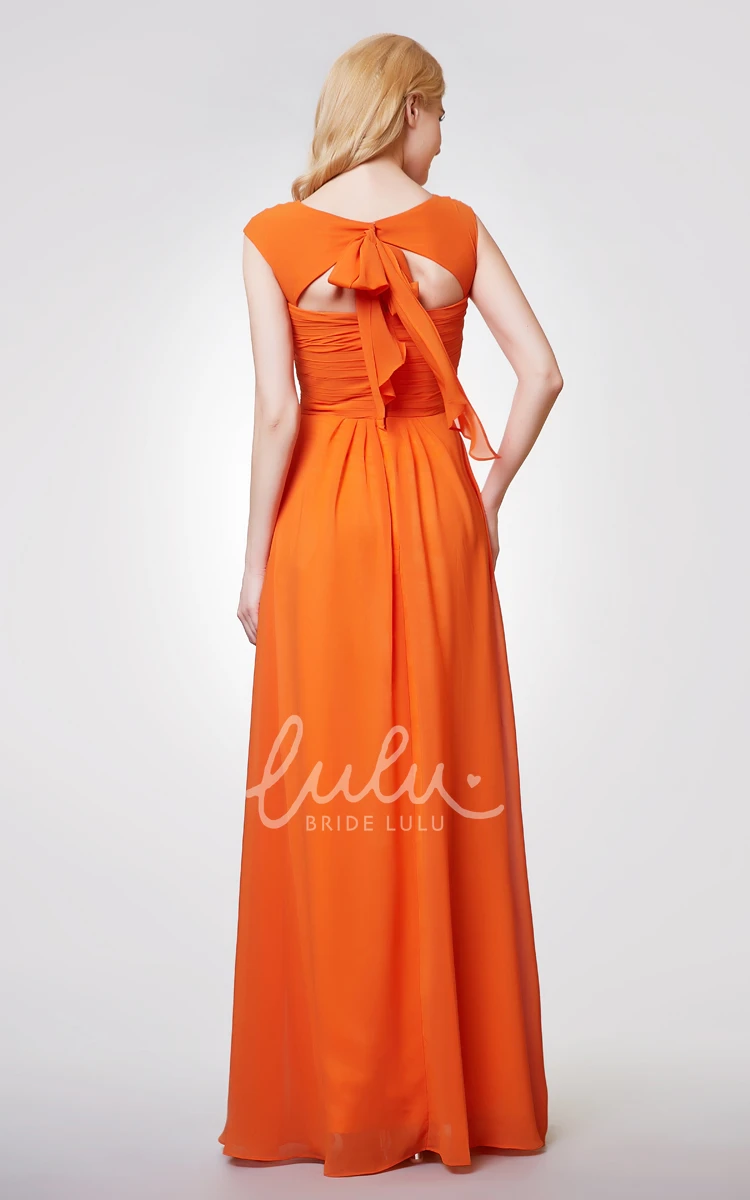 Long Cap Sleeve Chiffon Dress with Bow and Ruching Flowy Bridesmaid Dress