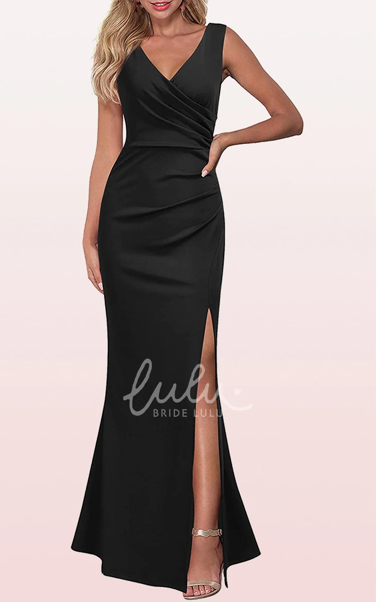 Satin Sheath Guest Dress with V-neck and Split Front Casual Formal Guest Dress