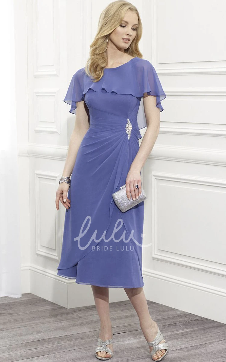 Chiffon Tea-Length Mother Of The Bride Dress with Draped Poet Sleeves and Broach