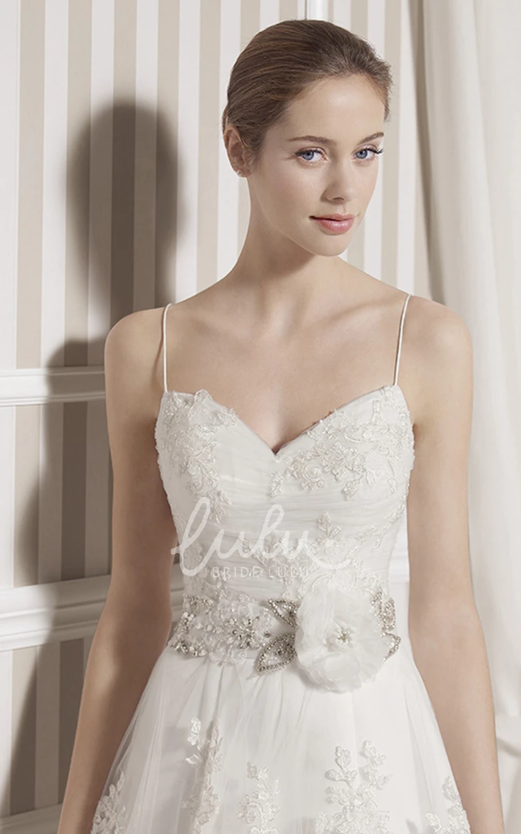 Appliqued Lace Spaghetti Strap Wedding Dress with Court Train Romantic Bridal Gown