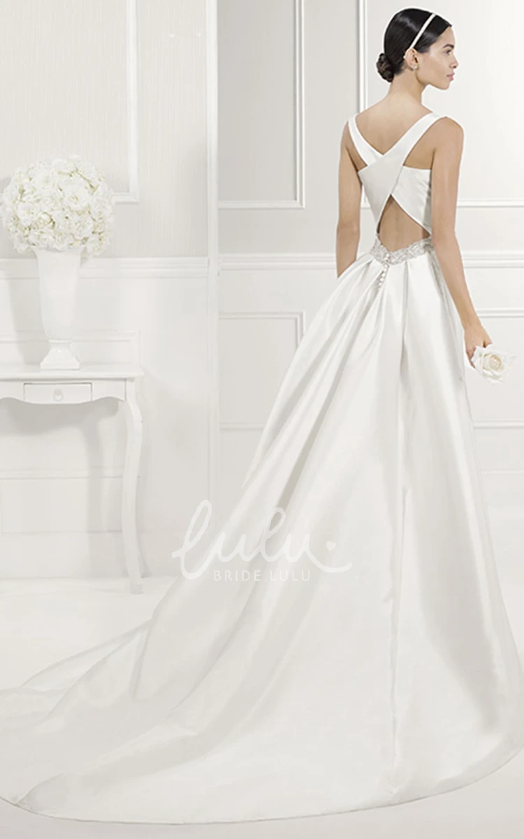 Sheath Taffeta Bridal Gown with Bateau Neck and Criss-Cross Back Straps