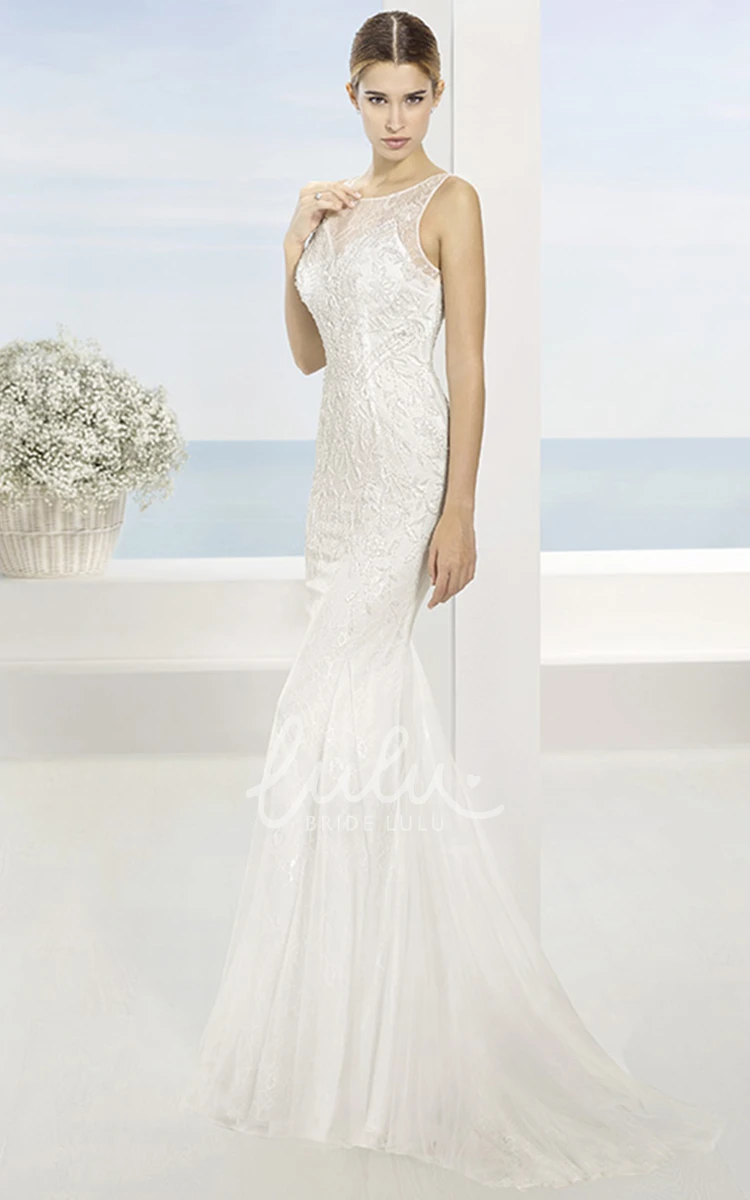 Sleeveless Bateau Lace Wedding Dress with Sweep Train and Illusion Back Simple Bridal Dress
