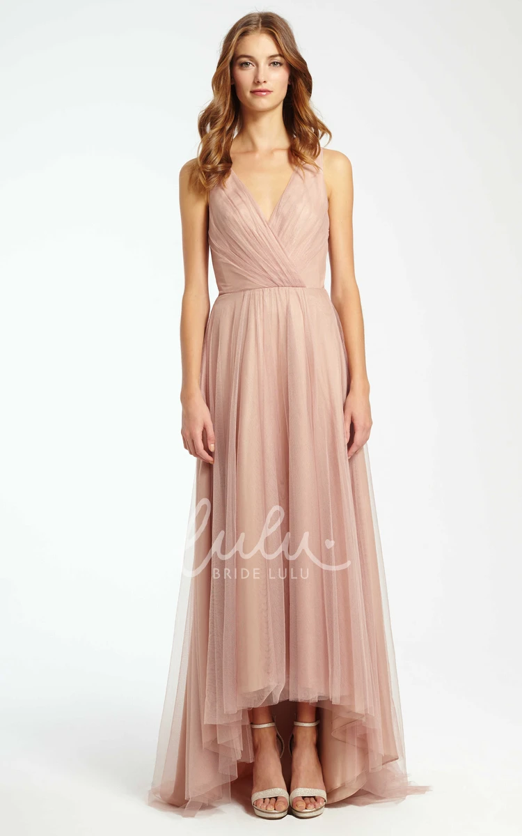 High-Low Tulle Bridesmaid Dress with Criss-Cross V-Neck Unique Prom Dress