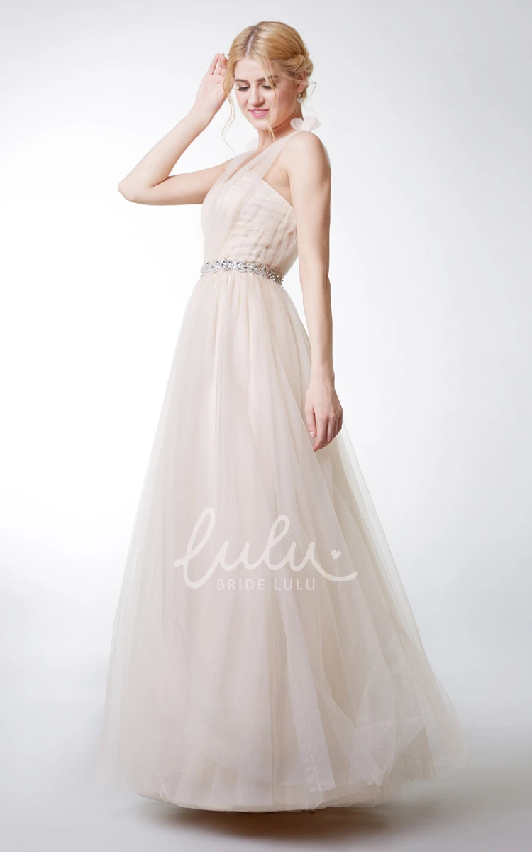 V-neck Tulle Bridesmaid Dress with Floral Straps and Ruching