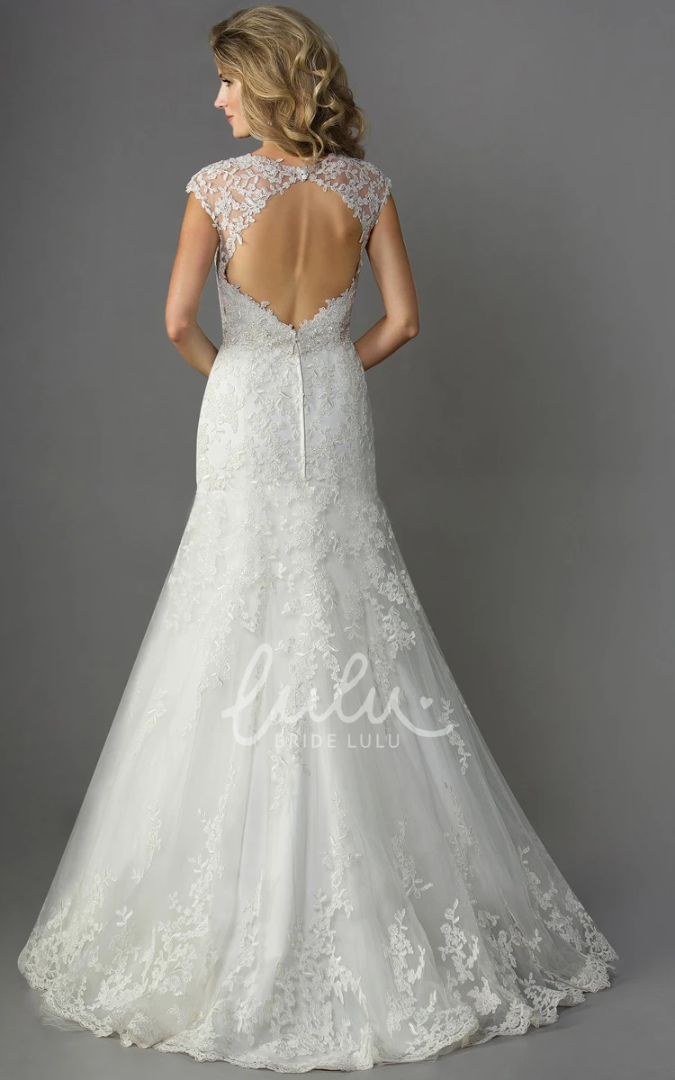 Lace Mermaid Gown with Cap Sleeves and Keyhole Back