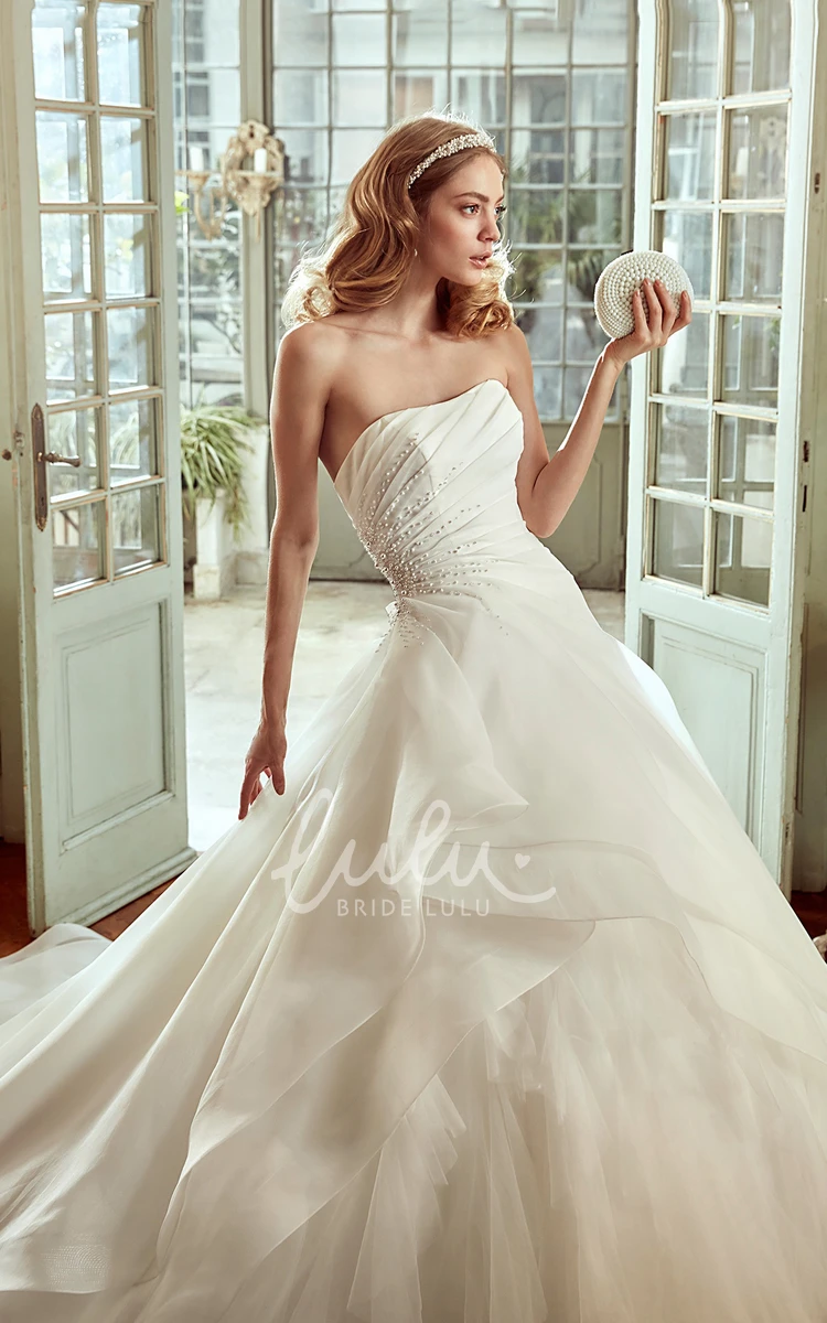 Ruched Skirt Strapless Wedding Dress with Brush Train and Side Draping