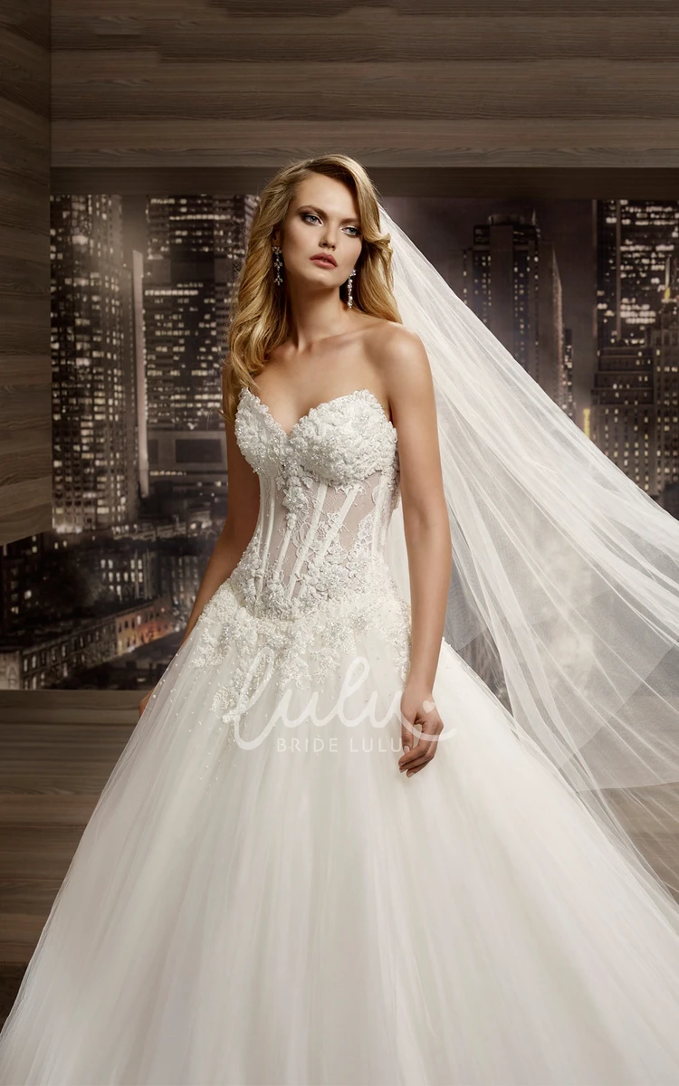 Lace Corset A-Line Wedding Dress with Brush Train Sweetheart Appliques