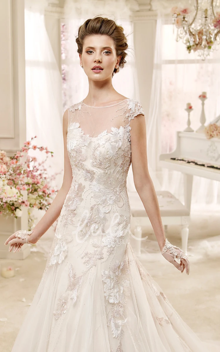 Cap sleeve Illusion Wedding Gown with Appliques and Court Train Illusion Cap Sleeve Wedding Dress with Court Train