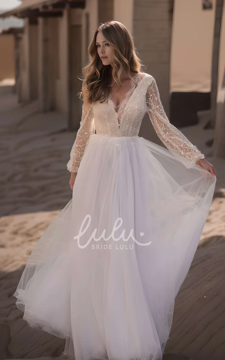 Elegant Sparkly Boho A-Line Sequins Long Sleeve Maxi Wedding Dress Fall Casual Plunging Neckline Floor Length Deep-V Back Tulle Bridal Gown