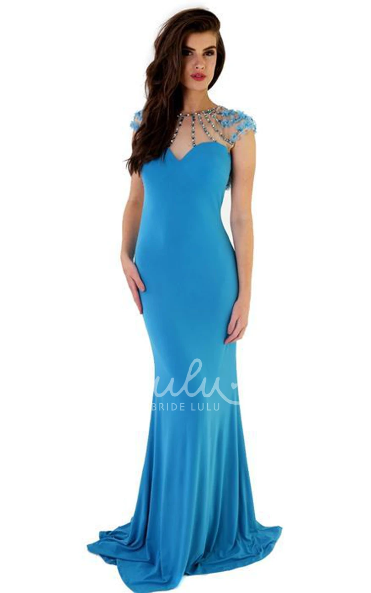 Beaded Jersey Sheath Prom Dress with Flower and Cap-Sleeves Classy Prom Dress