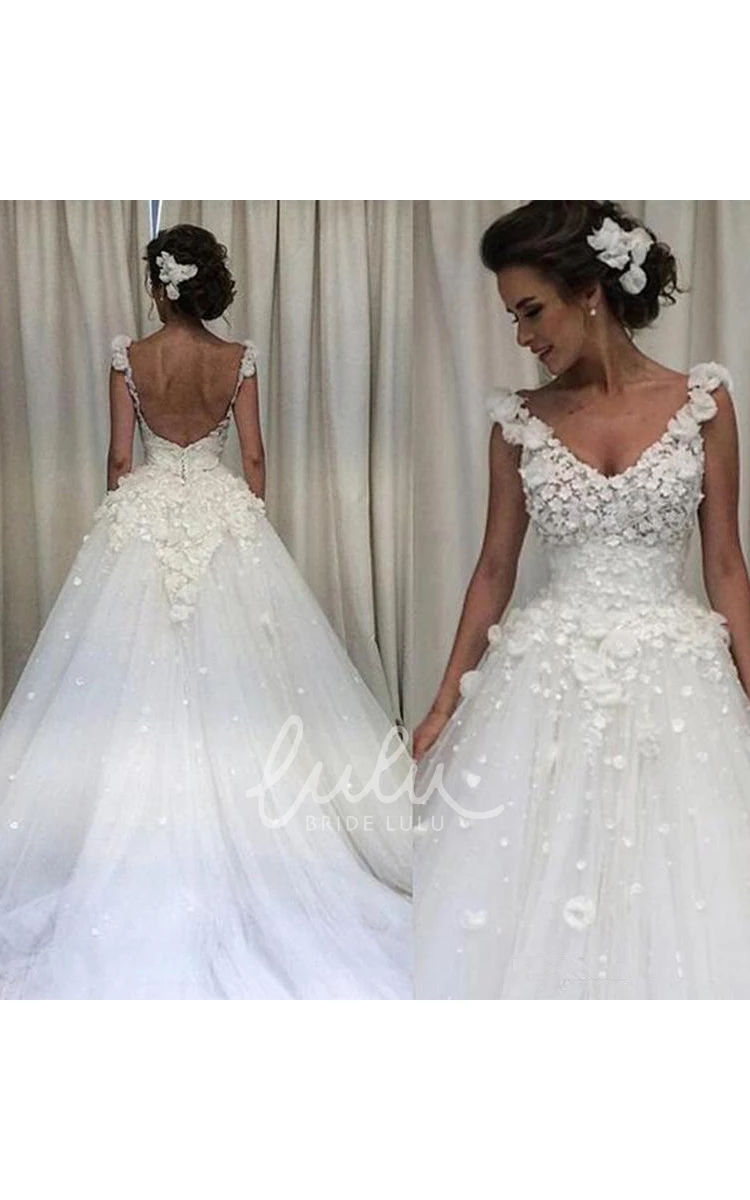 Lace Tulle V-neck Ball Gown Wedding Dress with Low-V Back