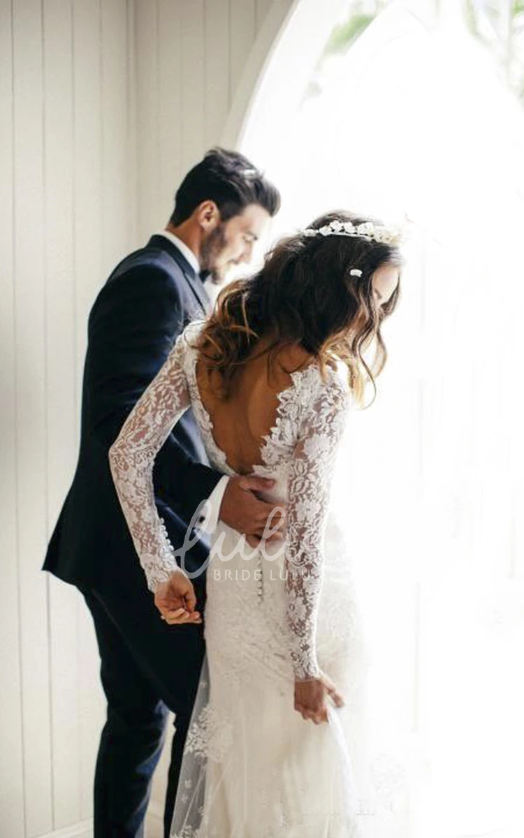 Long Sleeve V-Neck Lace A-Line Wedding Dress with Low-V Back