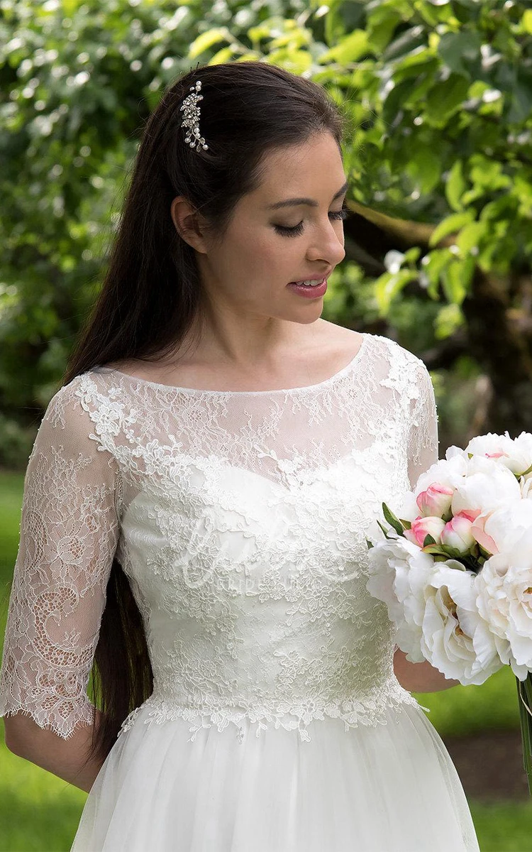 Elbow Sleeve Lace and Tulle A-Line Wedding Dress