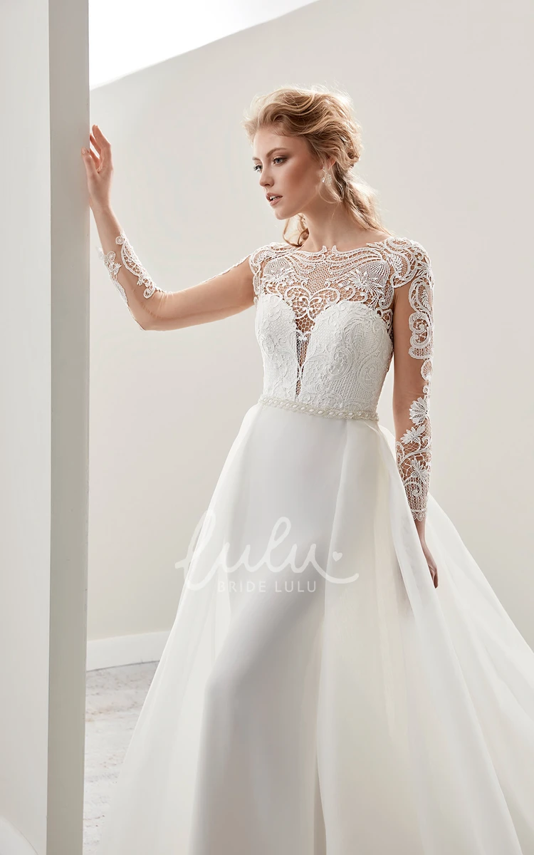Long-Sleeve Jewel-Neck Wedding Dress with Detachable Train and Pearl Belt Illusion Elegant Women