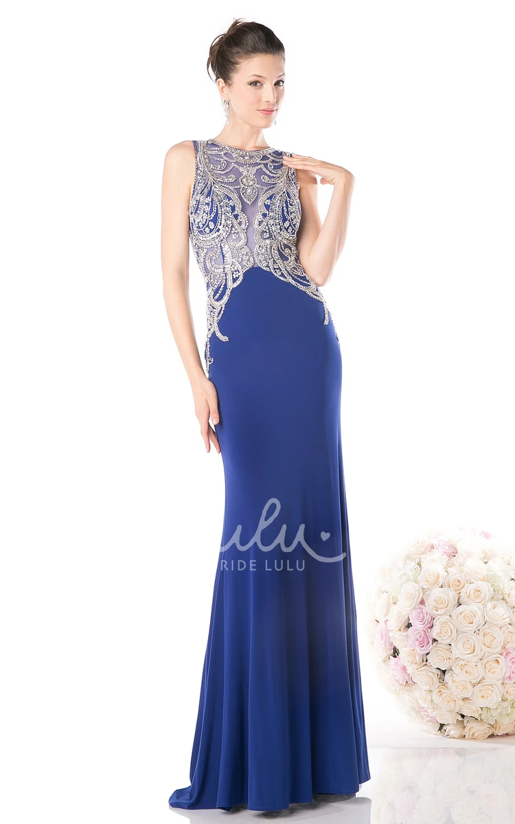 Maxi Sleeveless Jewel-Neck Sheath Jersey Prom Dress with Keyhole Back and Pleats