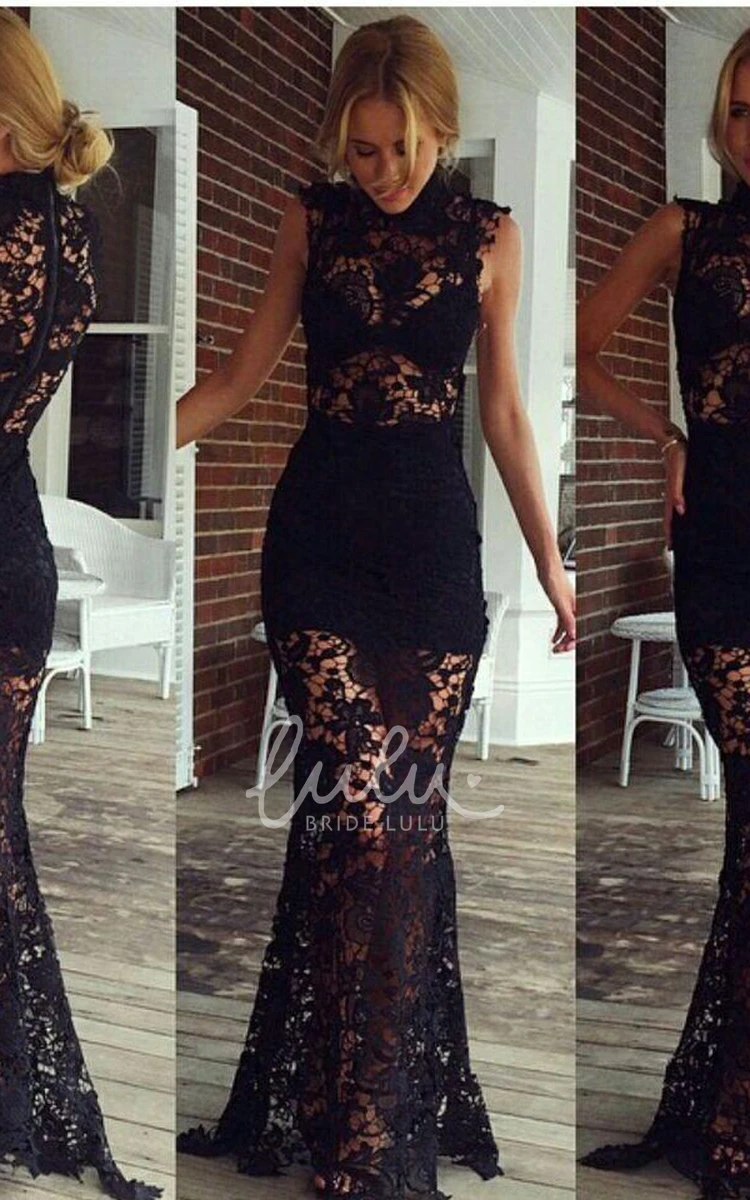 Black High-Neck Prom Dress Sexy Lace Sheer Skirt Elegant Evening Dress