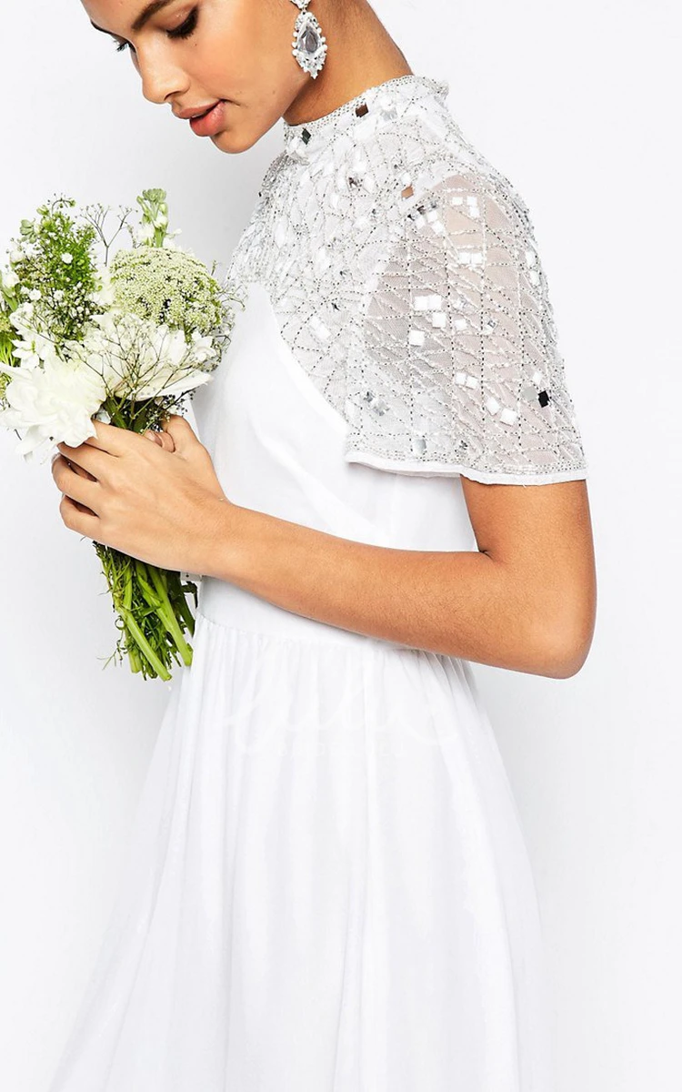 High Neck Short-Sleeve Sequin Sheath Wedding Dress Modern Floor-Length Gown