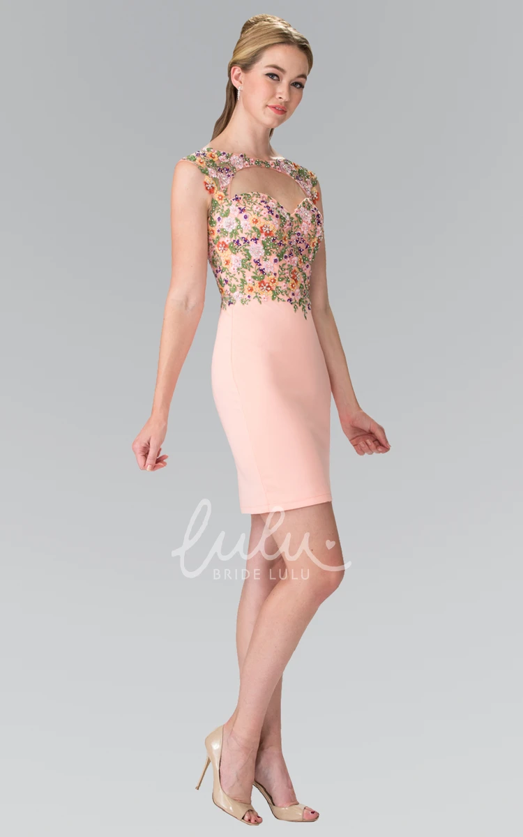 Jersey Flower Pencil Mini Cap-Sleeve Formal Guest Dress