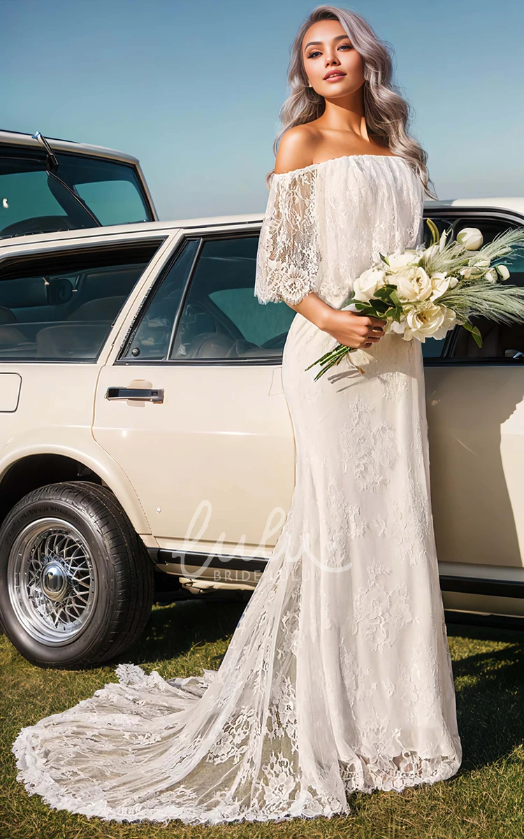 Beach Country Mermaid Boho Lace off the Shoulder Wedding Dress with Sweep Train Floral Casual Floor-Length Bridal Gown