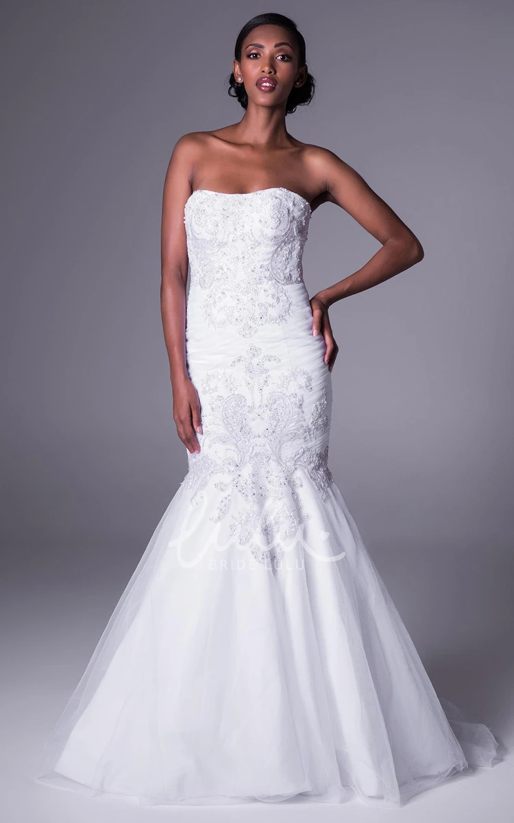 Beaded Tulle and Satin Mermaid Wedding Dress with Strapless Neckline and Ruching