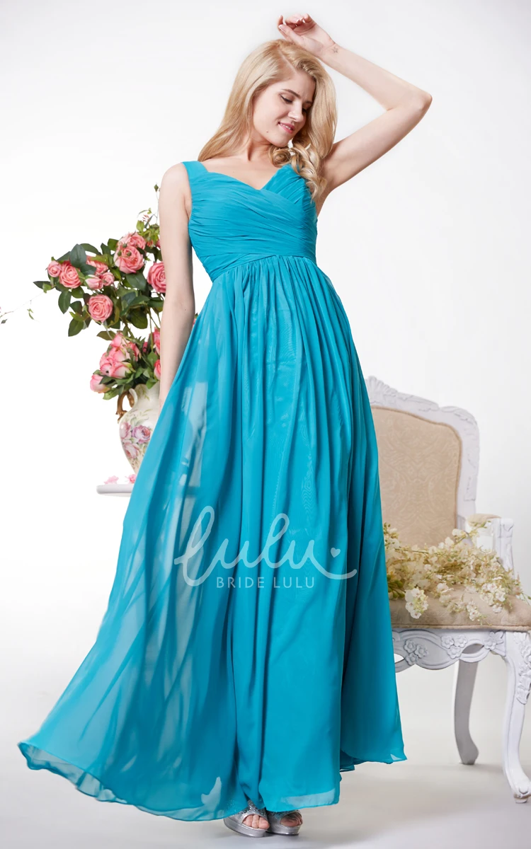 Chiffon Bridesmaid Gown with V-neck and Squared Back Ruching