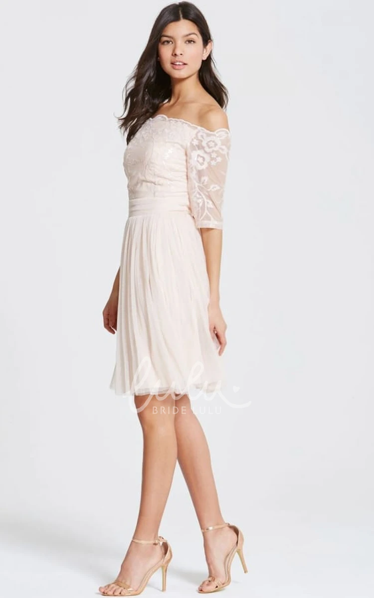 Off-The-Shoulder Lace Bridesmaid Dress with Mini Length and Embroidery