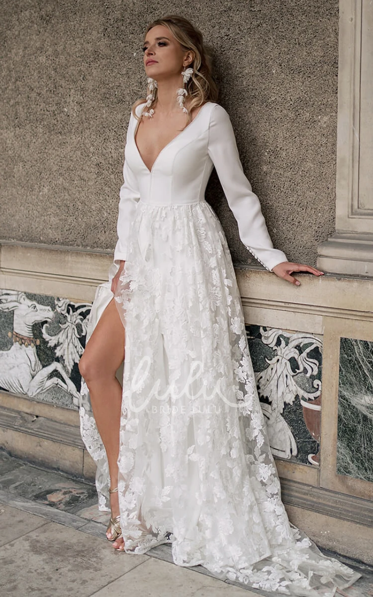 A-Line Lace Beach Wedding Dress with V-neck and Appliques Simple and Elegant
