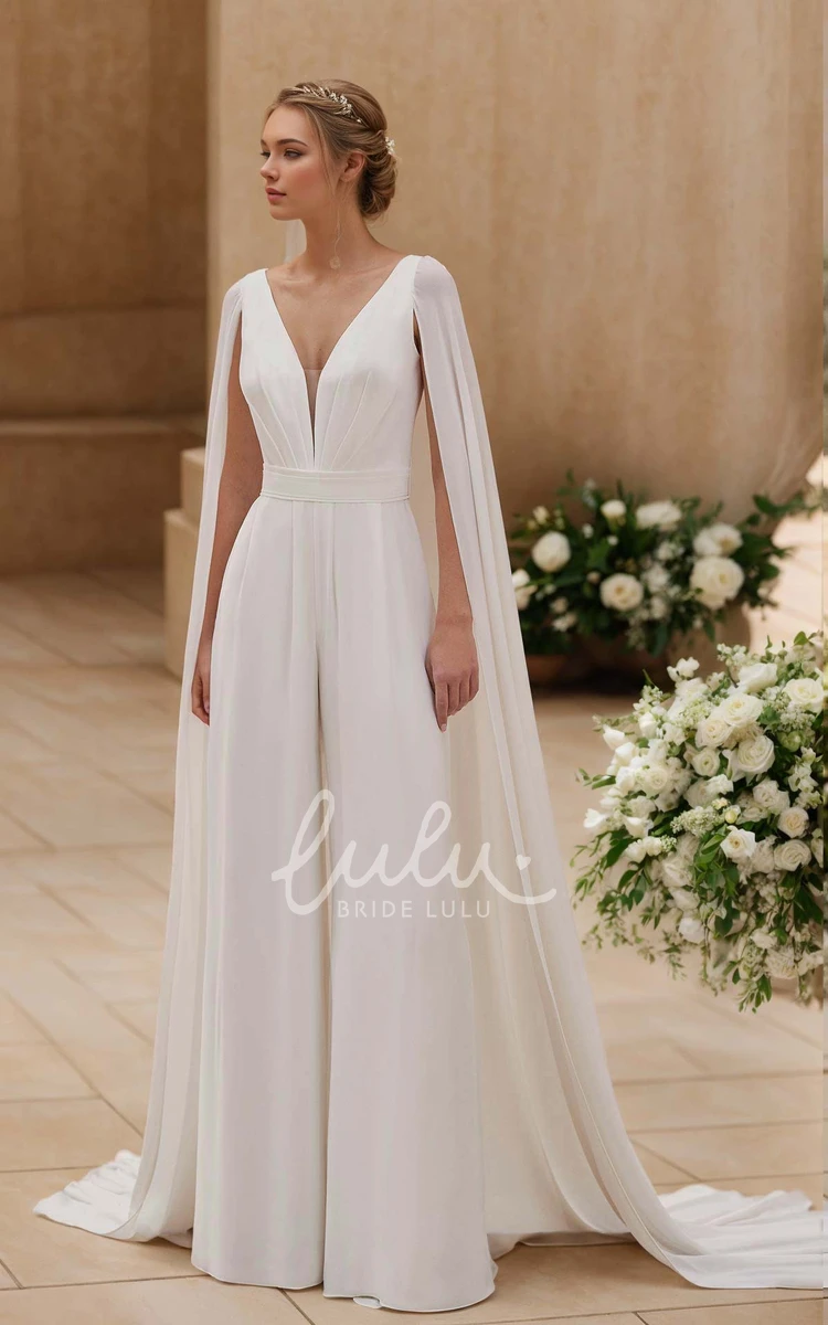 Simple Solid Jumpsuit A-Line Plunging V-neck Chiffon Wedding Dress Elegant Modern Sleeveless Floor-length Sash Low-V Back with Zipper Bridal Gown with Cape