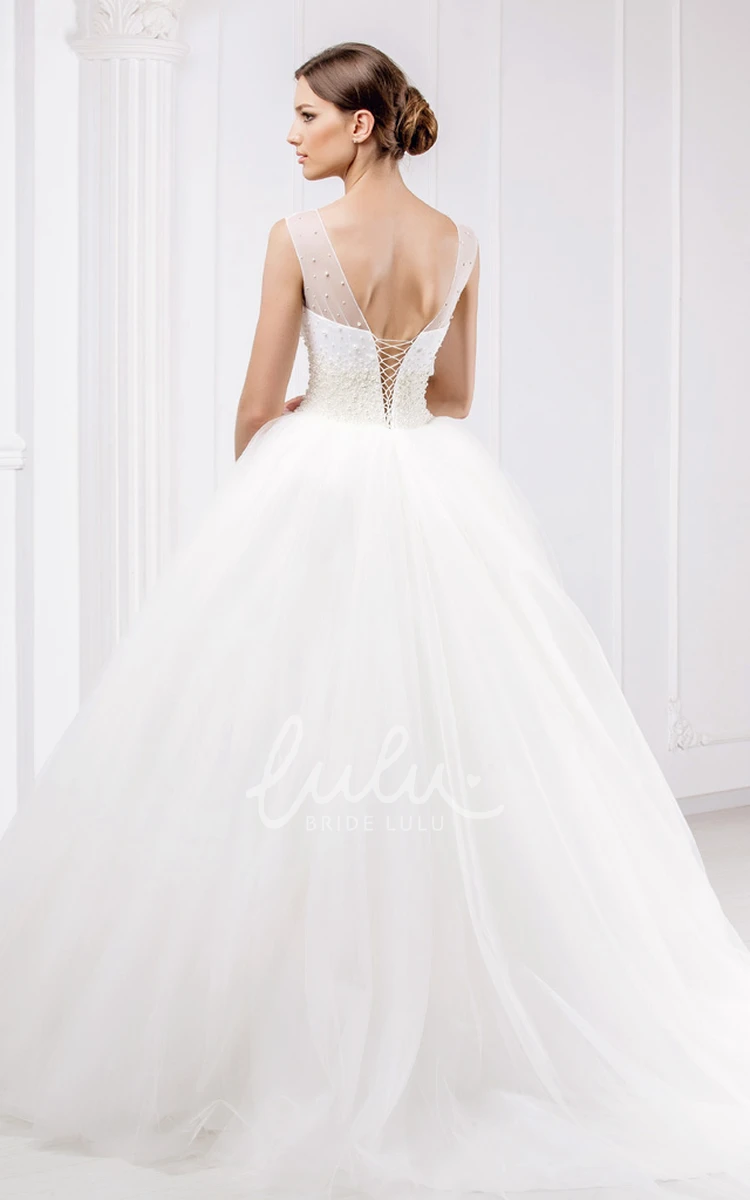 Bateau Crystal Corset Ball-Gown Wedding Dress with Court Train Sleeveless