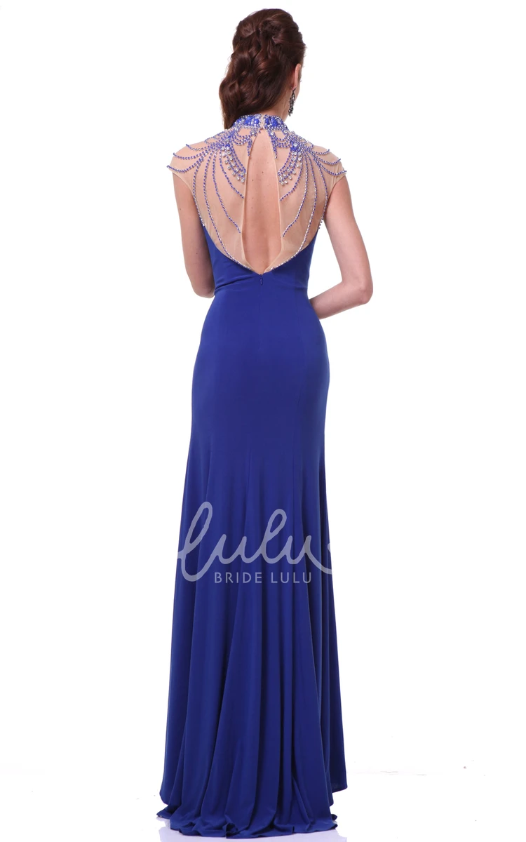 High Neck Cap-Sleeve Jersey Formal Dress With Crystal Detailing Sheath